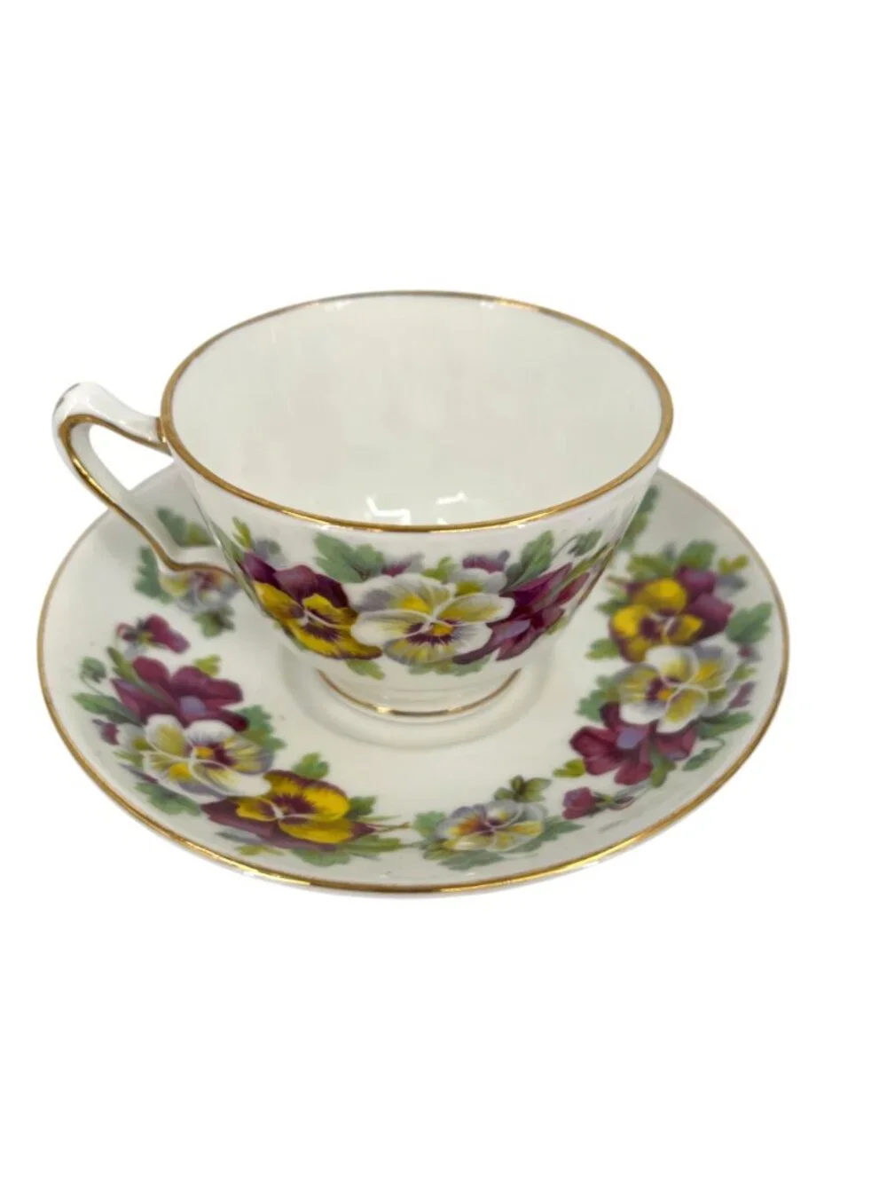 Crown Staffordshire England Purple Yellow Pansies Gold Trimmed F15069
